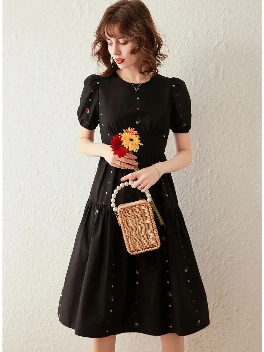 LOUIS YAO Women Dress 2024 Summer New Colorful Embroidery Round Neck Short Sleeve Puff Sleeve Waist Knee-lenght Black Dress