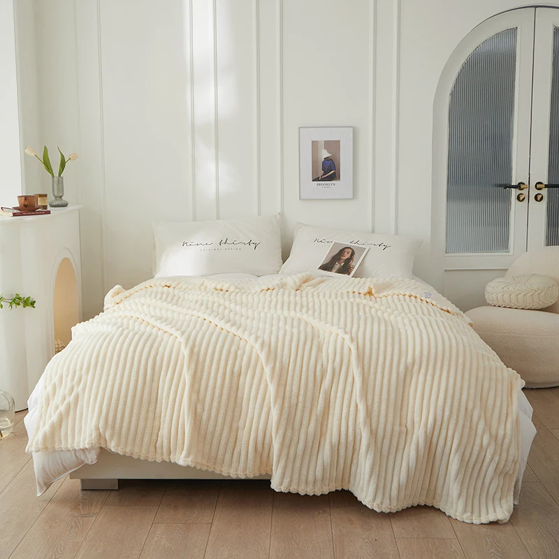 Classic Ribbed Blanket, Minimalist & Versatile Solid Color Faux Rabbit Fur Flannel Throw Blanket
