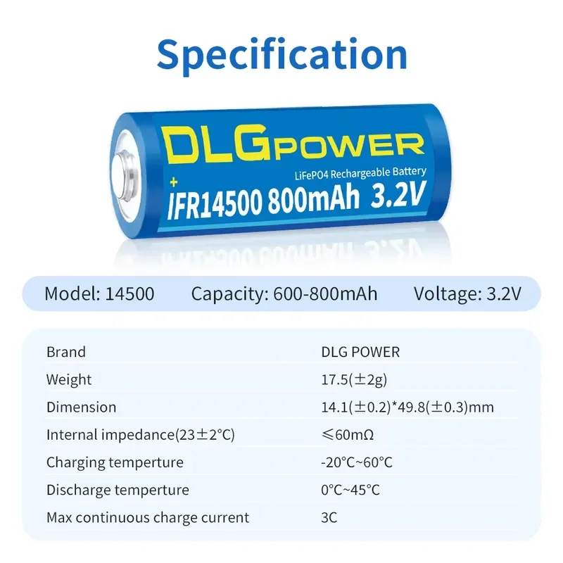 3.2V AA 800mAh LiFePO4 Batteries 14500 800mAh DLGPOWER  Rechargeable Battery for Electric Toy Flashlight Wireless Mouse
