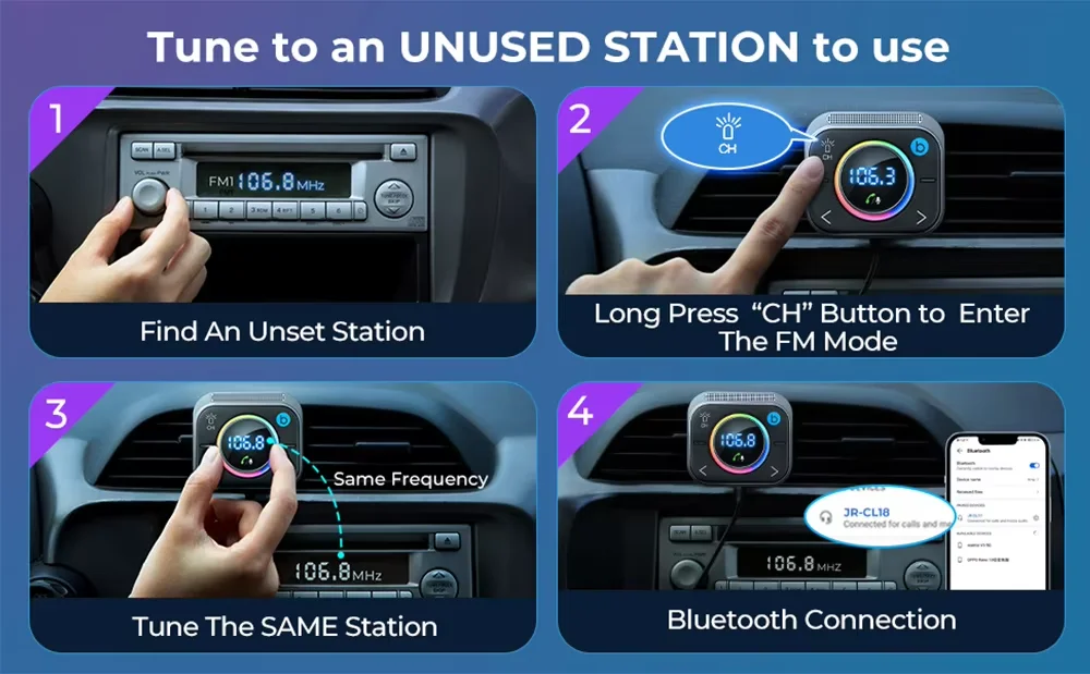 Joyroom Bluetooth 6.0 FM/AUX Transmitter Car Adapter Audio FM Transmitter Bass Boost 3 Ports PD&QC 3.0 FM Bluetooth Fast Charger