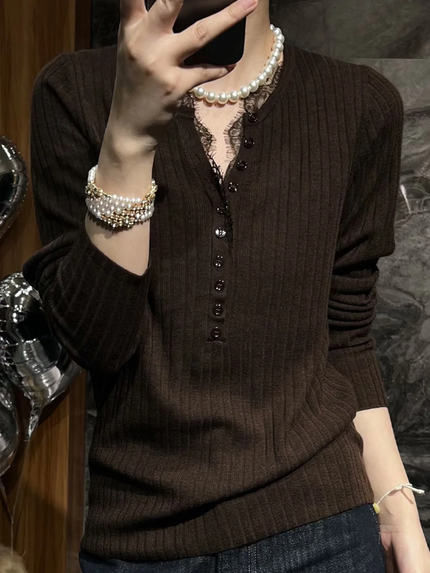 

Slimming Long Sleeve Pure Color Knit Top Elegant Early Spring Fashion Korean Style Women's Regular Fit V-Neck Casual Shirt