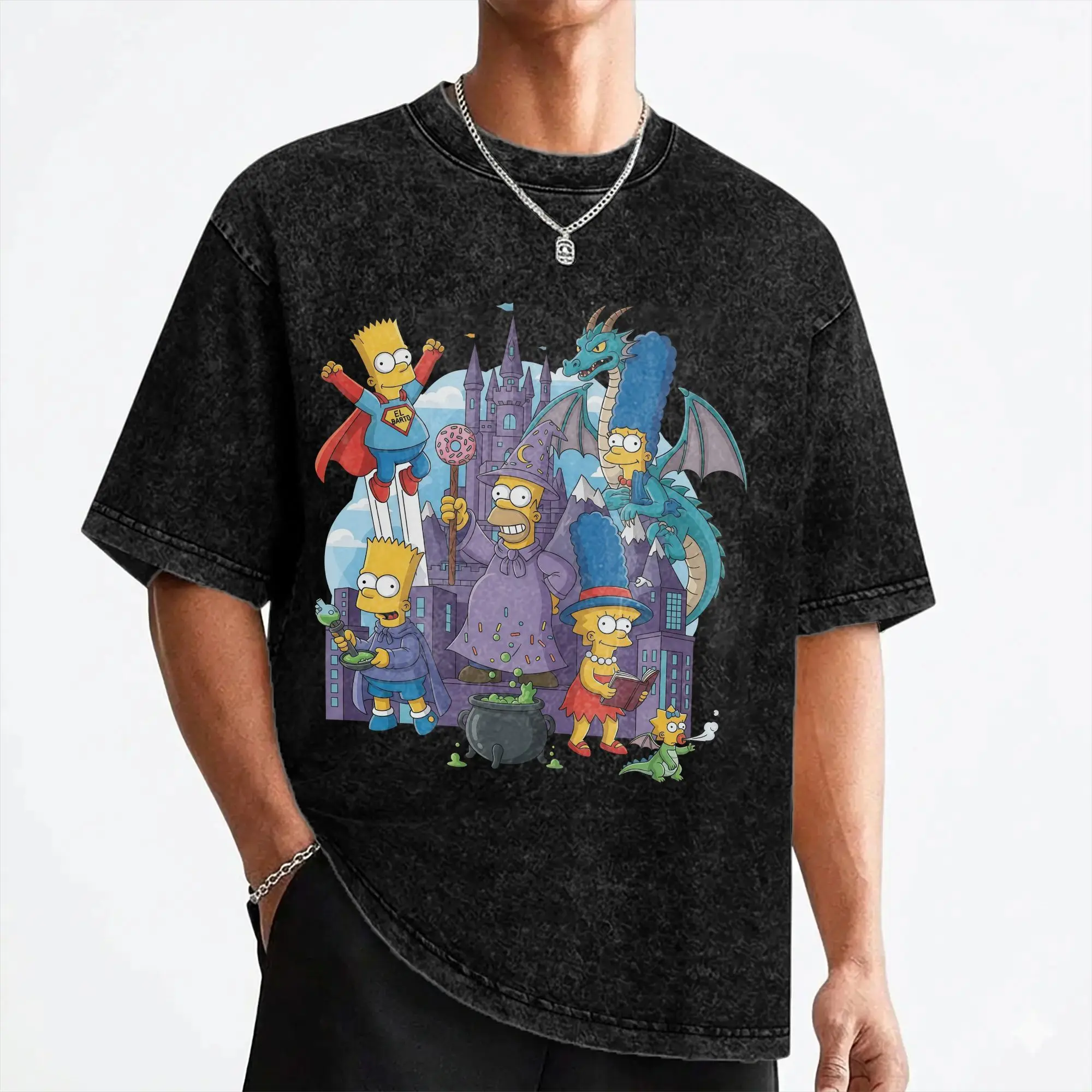 Cartoon S-Simpsons Halloween T Shirt Washed Short Sleeve Harajuku T-Shirts  Vintage for Men Women Streetwear Printed Tee Shirt