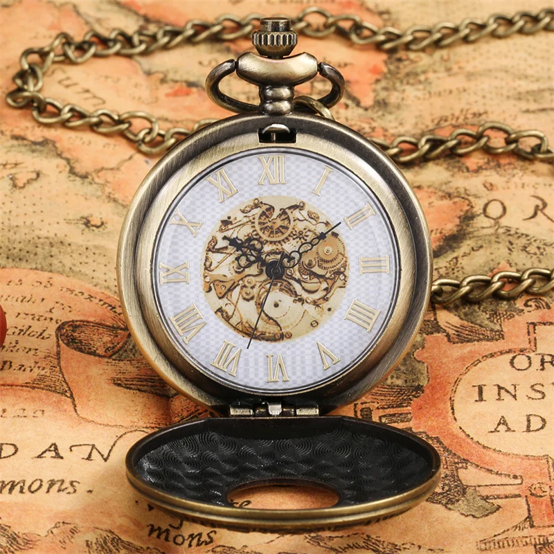 Jam Saku Desain Vintage Steampunk dengan Angka Romawi Berongga, Jam Tangan Quartz dengan Rantai Liontin untuk Hadiah Pria Wanita.
