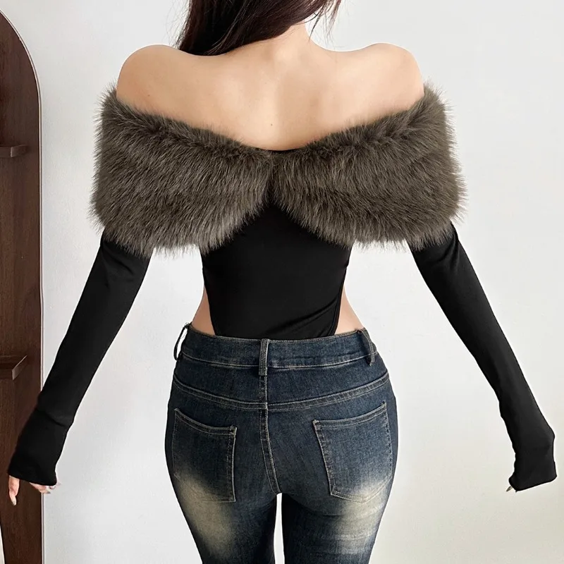 ملابس داخلية أنيقة ضيقة لخريف وشتاء 2025 بدون أكتاف من الفرو ملابس نسائية برقبة مائلة وأكمام طويلة بدون ظهر ضيقة للشارع