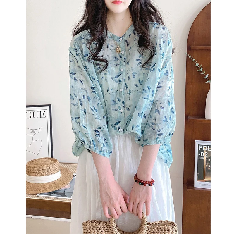 Women\'s Trendy Print Vintage Button Up Shirt Summer Sweet Chic Stand Collar Blouse Casual 3/4 Sleeve Loose Tops Camisas De Mujer