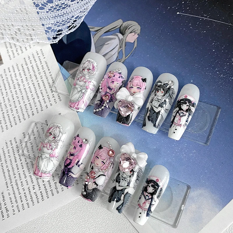 10 Uds. De uñas en forma de ataúd hechas a mano, hermosas uñas postizas, lindo arte de uñas de sirvienta de anime, patrón loli, adecuado para mujeres