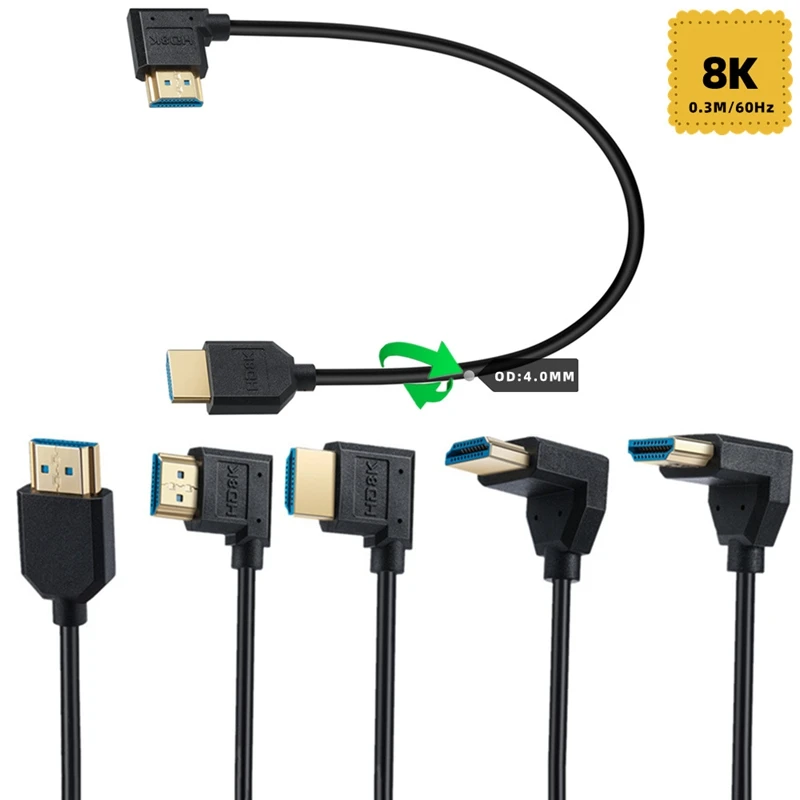 

0.3m OD4.0mm Slim Line HDMI - compatible with Male to Male Elbow Data Cable 2.1 version 8K 60Hz for Camera Projector Display