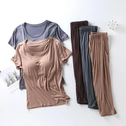 2022 zomer nieuwe dames modale pyjama tweedelig pak met borstkussen korte mouwen cropped broek plus size thuisserviceset