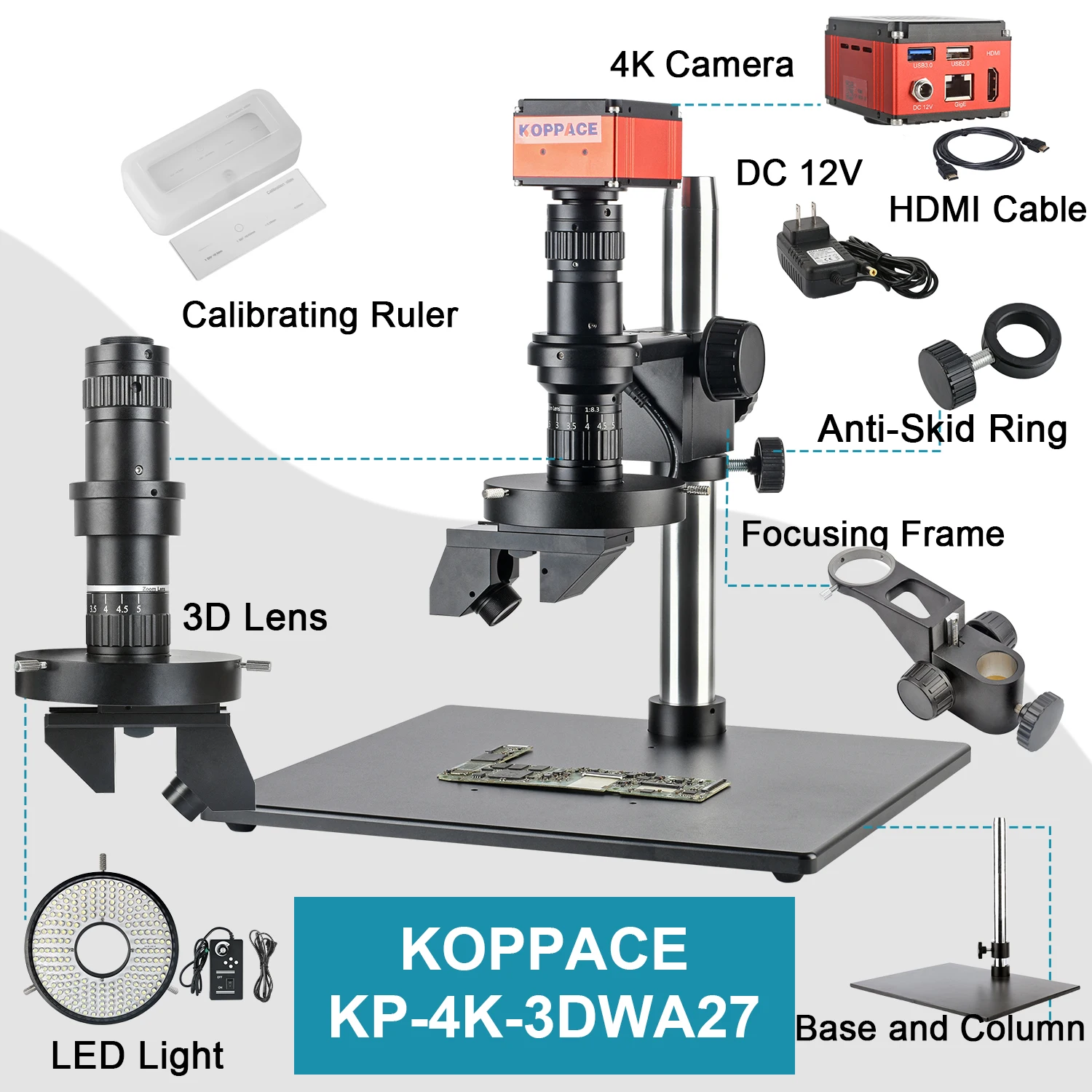 مجهر إلكتروني KOPPACE 2D/3D 23X-192X تصوير عالي الوضوح 4K يدعم 360 درجة °   دوران الصورة والفيديو