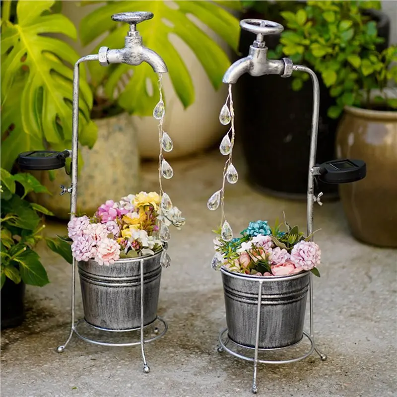 A53Q-2X Solar Powered Water Faucet Lights Waterproof LED Planter Lamp For Patio Pathway Walkway Lawn Garden