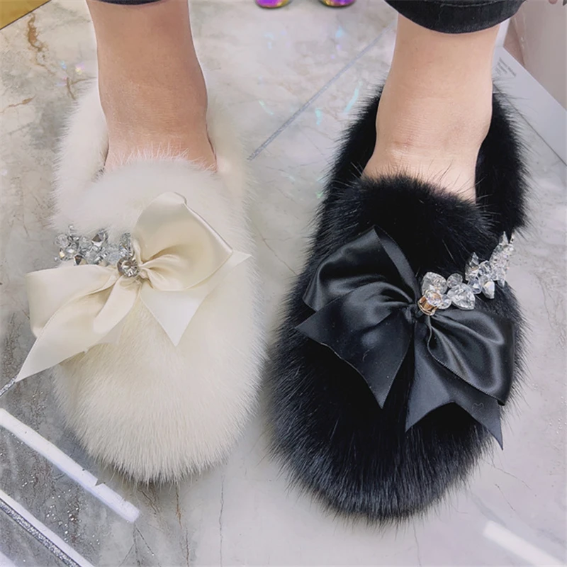 

Cute Bowknot Women Flats Black Casual Moccasins Winter Warm Loafers Real Mink Fur Espadrilles Lady Slip-on Walking Smoking Shoes