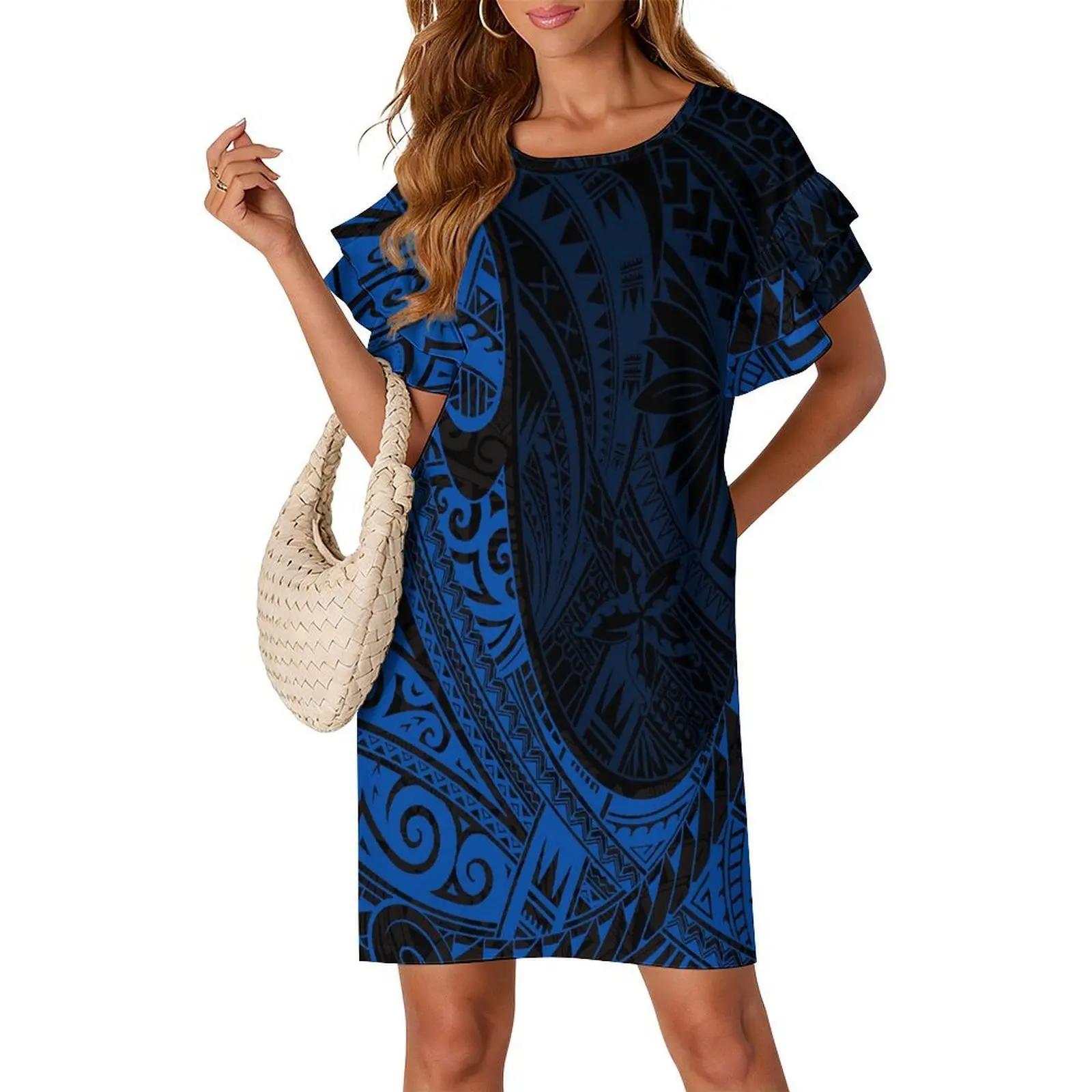 Customized Comfortable And Soft Fabric Dress Pattern. Double-Layer Ruffled Sleeves Polynesian-Style Lady'S Evening Gown