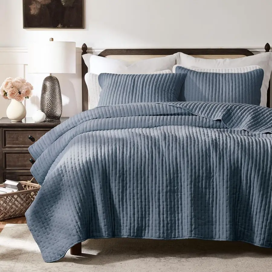 

Blue Cross Stitch King Size Quilt Set, Striped Lightweight Soft Bedspread, Channel Farmhouse Rustic Coverlet, All Season Country