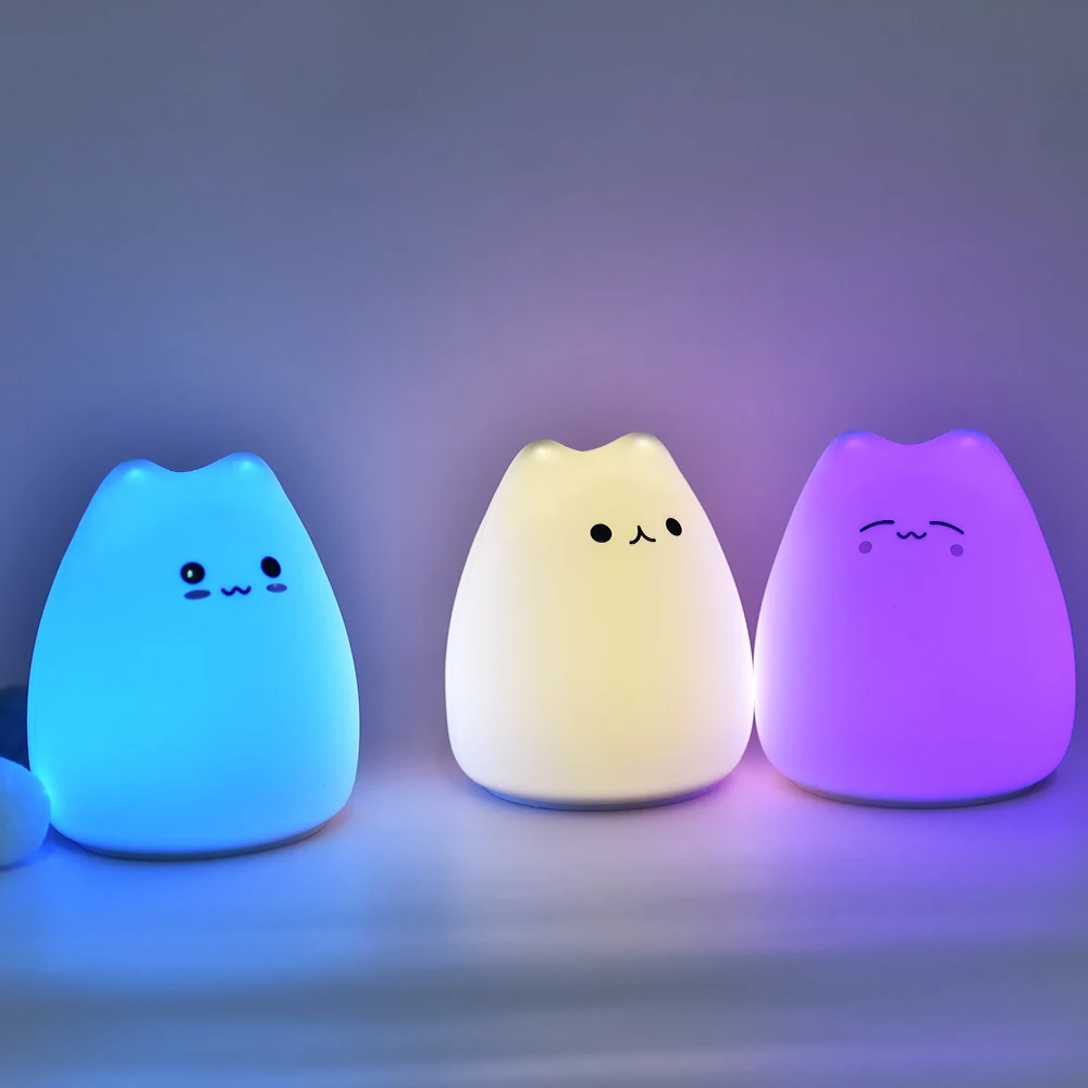 LED veilleuse pour enfants bébé enfants doux Silicone capteur tactile 7 couleurs dessin animé chat lampe de couchage maison chambre décoration