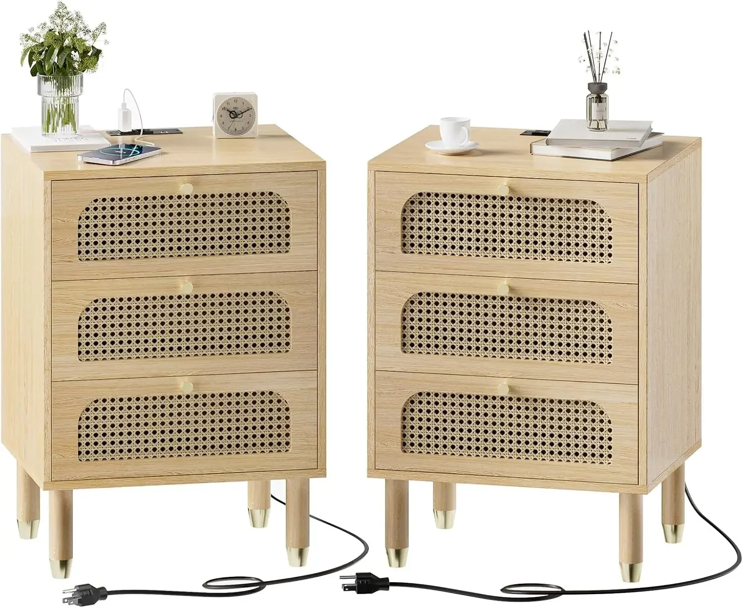 Rattan Nightstand Set of 2 with Charging Station, 27