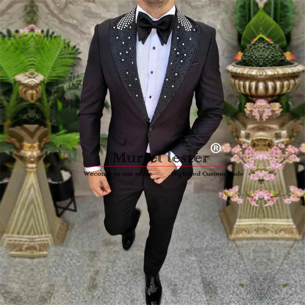 Luxury Crystals Beaded Suit Men Formal Groom Party Custmized 2 Pieces Man Party Wedding Tuxedo Slim Fit terno masculino complete