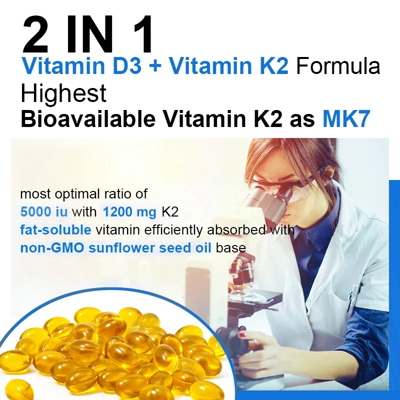 TAOTERS Suplemento de vitamina D3+K2 para apoyar la salud de las articulaciones, huesos y inmune Fórmula sin OGM complejo de vitamina D y K fácil de rodar