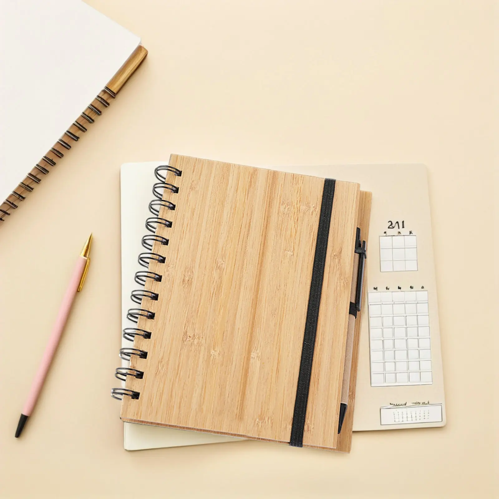 3Pcs Eco Friendly Bamboo Spiral Notebook and Pen Set Lined Notepad for Work Study Journaling Notes Organization Portable Office