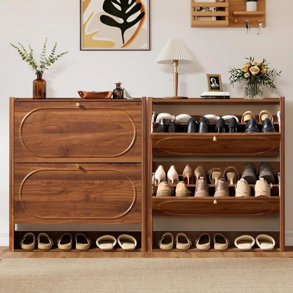 신발 수납장 2개의 플립 서랍이 있는 나무 좁은 신발장 현관용, 플루티드 숨겨진 신발 정리함
