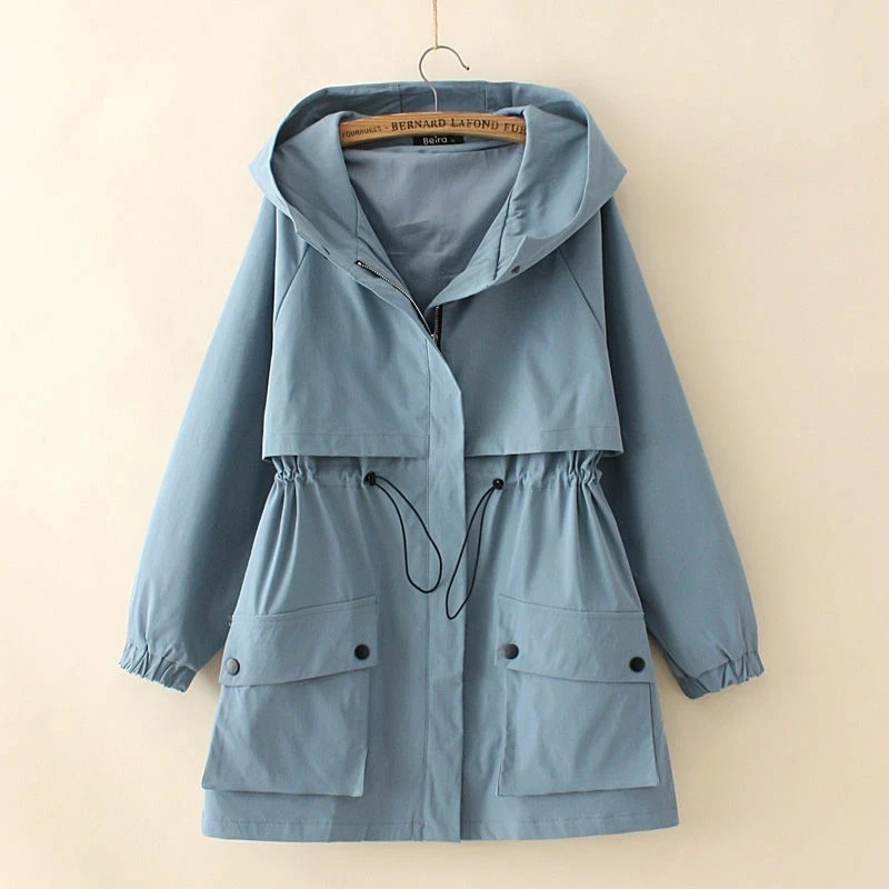 2023 New Spring Autumn Mid-length Khaki Women's Trench Coat Loose Hooded Drawstring Zipper Jacket Women Windbreakers Outcoat