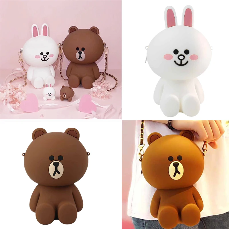 LINE FRIENDS Original Brown Bear Connie Cartoon Anime Silicone Messenger Bag Kawaii Cute Shoulder Coin Purse Pouch Children Gift