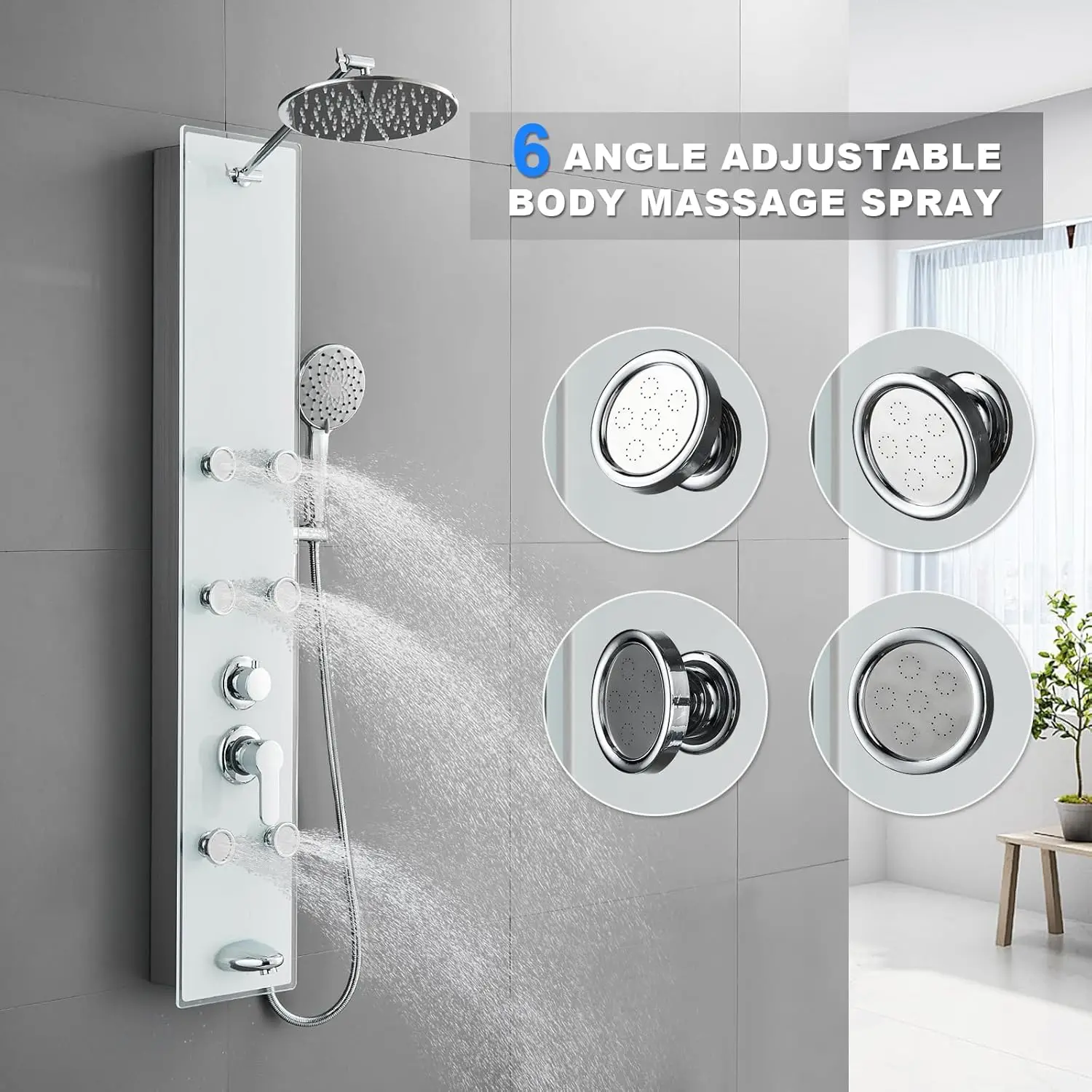 

ROVATE Tempered Glass Shower Panel 304 Stainless Steel Tower System 9" Adjustable Arm Height White 6 Massage Jet Tub Spout