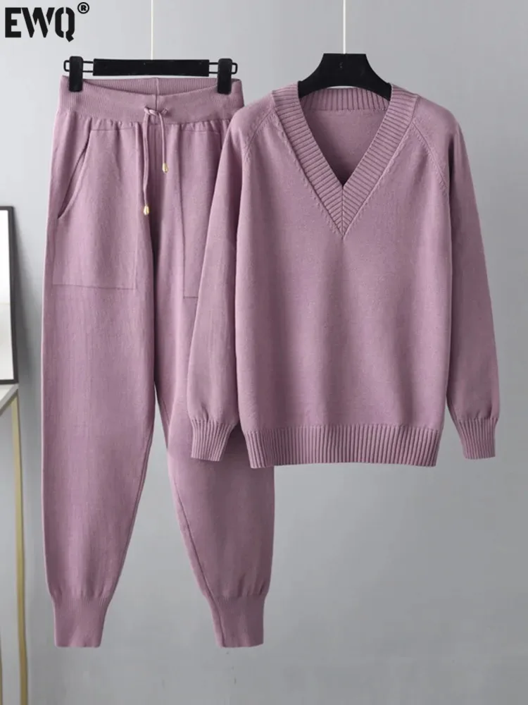 [EWQ] Minimalist Long Sleeve V-neck Loose Sweater Casual Tops High Waist Drawstring Harem Pants 2Piece Set Winter 2024 Autumn