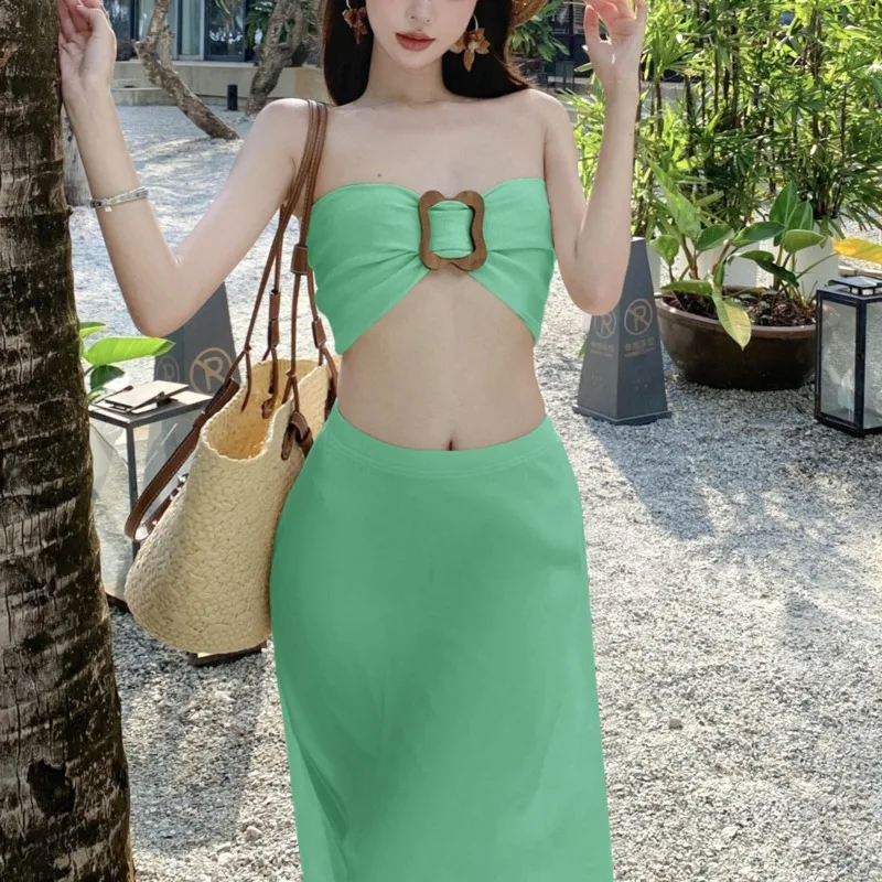 HKSH صيف جديد المرأة المد شيك عطلة الشاطئ نمط مثير حمالة سترة منخفضة الخصر تنورة موضة عادية قطعتين مجموعة HK6369