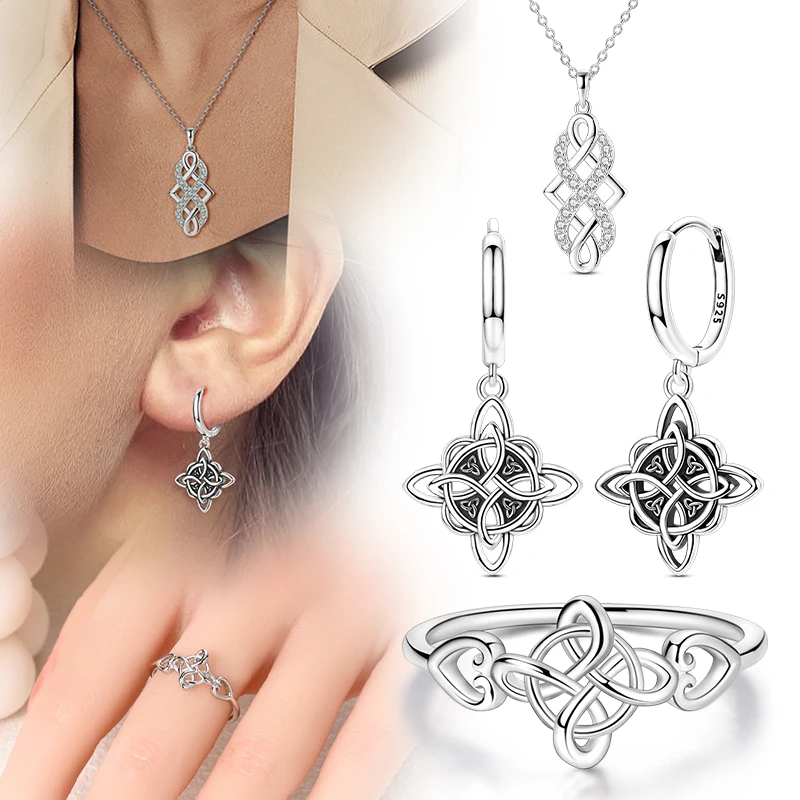 

Горячая новинка: Комплект украшений (серьги, кольца, ожерелье) из оригинального серебра 925 пробы, серия «Кельтский узел» для женщин, модный набор для вечеринок и свадеб