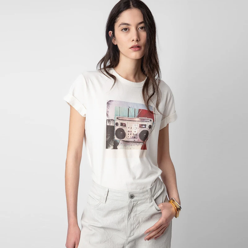 

Retro Radio Print Loose Fit Cotton T-irt Women's Summer Casual Sle ort Sve round Ne Pure Cotton Top