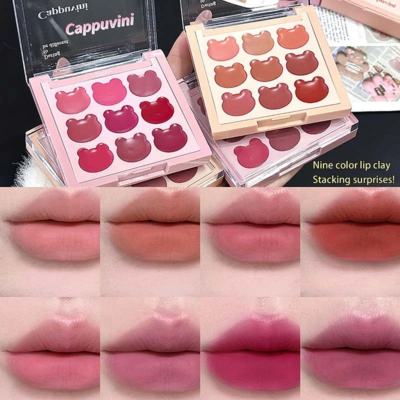 Cappuvini 9 Colors Velvet Lip Mousse Matte & Natural Finish Long-Lasting Non-Drying Cute Bear Design Lipstick Palette Lip Mud