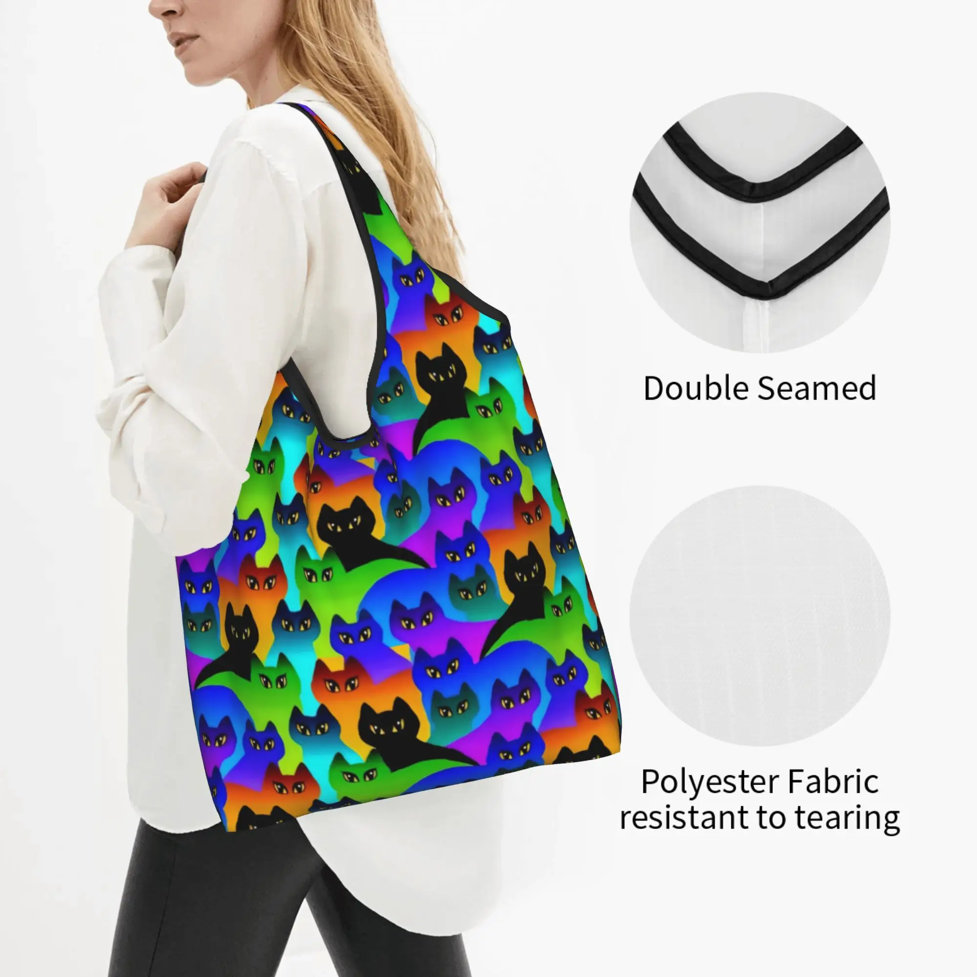 Reusable Cat Seamless Pattern  Shopping Bag Women Tote Bag Portable Colourful Creative  Grocery Shopper Bags