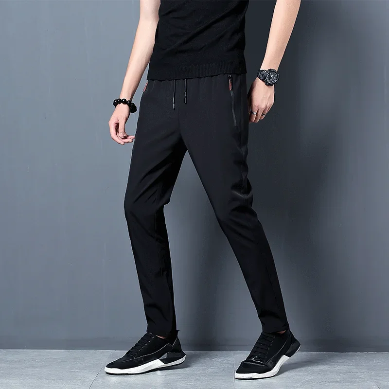 

Men's Casual Pants Straight Slim Fit Elastic Waist Jogger Korean Classic Blue Black Gray Male Trousers Plus Size