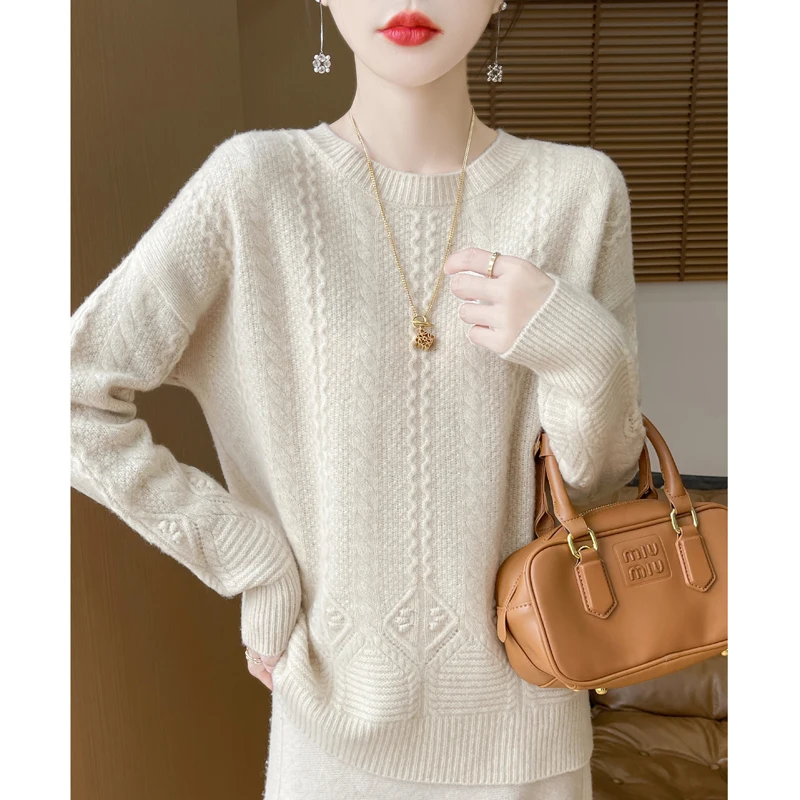 2024 Autumn/Winter New 100% Wool Knitted Sweater Women's Solid Color High end O-neck Pullover Shirt Loose Korean Fashion Top