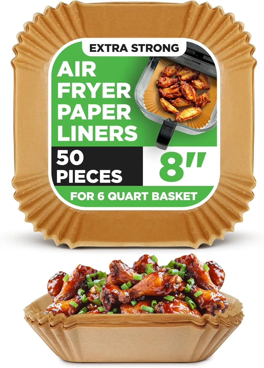 Paquete de 50 Forros Cuadrados para Freidora de Aire, Antiadherentes e Impermeables para Ollas de 5.8 QT, Hornos y Parrillas