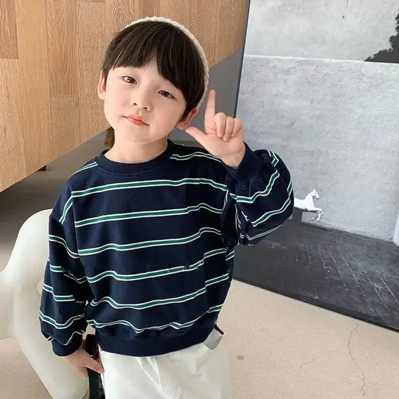 2026 جديد الفتيان والفتيات مجموعة الربيع والخريف الأطفال المألوف سويتر مقلم وجينز قطعتين مجموعة ملابس الاطفال