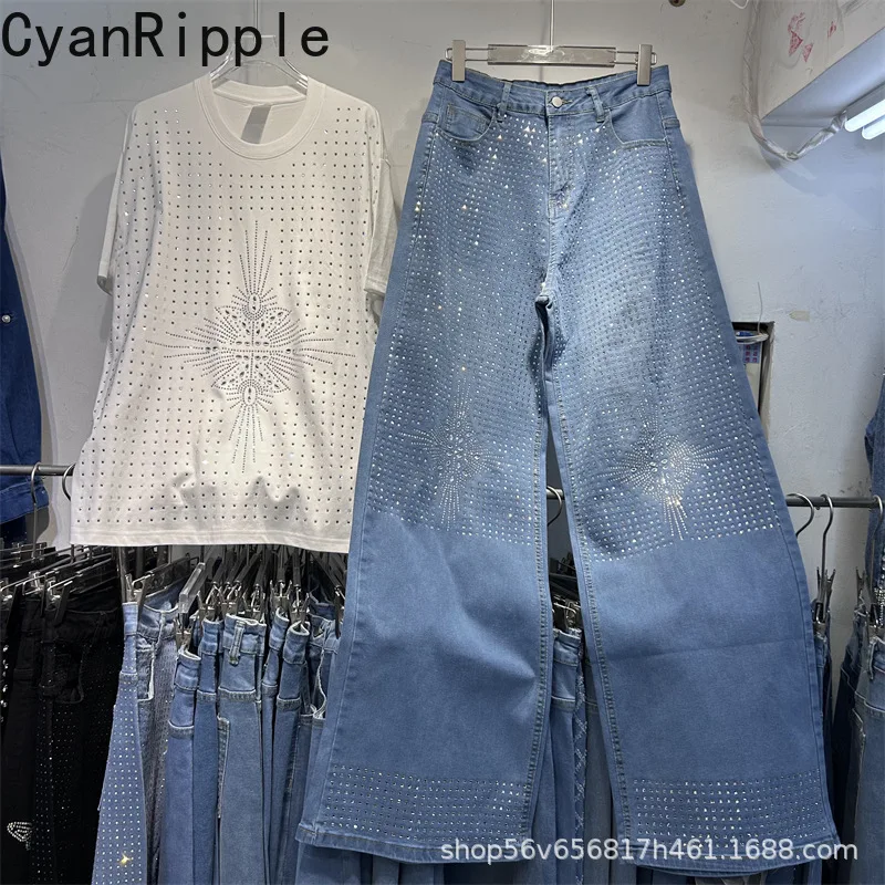 Trendy Women Two-piece Sets Full Diamonds Loose White Short Sleeve T-shirt Top + Rhinestone High Waist Wide Leg Straight Jeans