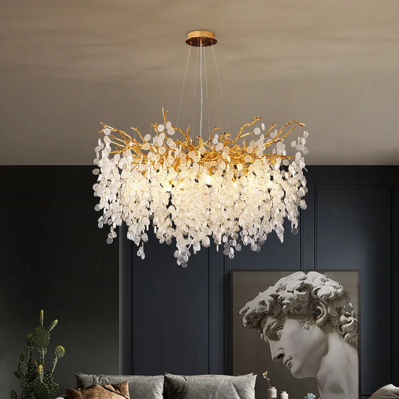 Modern LED Crystal Chandeliers Gold Money Tree Branch Pendant Lighting Round Ceiling Light Fixtures For Living Room Bedroom