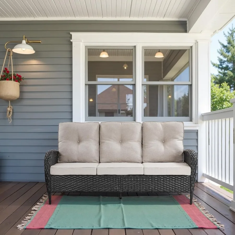 Belord Outdoor Patio Furniture 3 Seater Wicker Sofa with Removable Cushions Deep Seat and High Backrest AllWeather Resistant Ra