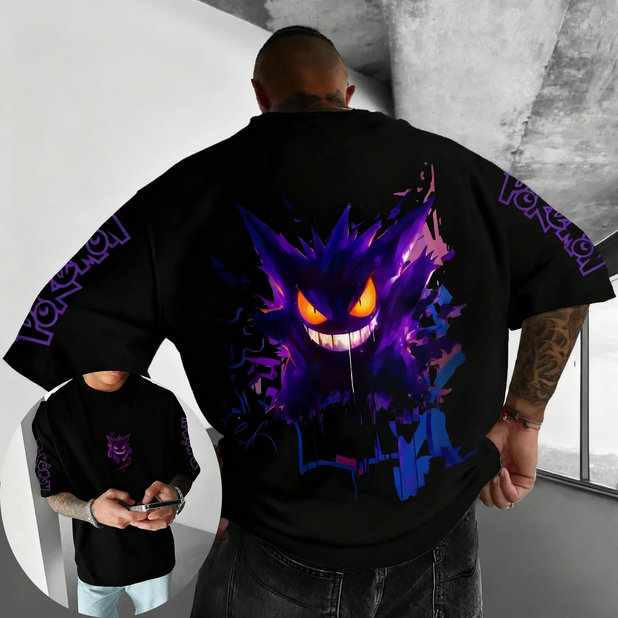 بوكيمون يده لعبة Gengar تي شيرت مطبوع 2026 الخريف والشتاء جديد Harajuku الرجال والنساء فضفاض اليومية الوالدين والطفل #3