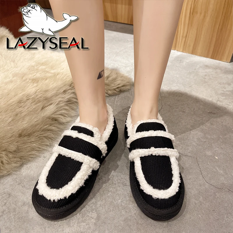 

LazySeal New Concise Warm Winter Snow Boots Platform Furry Shoes Plush Lining Warm Flat Heel Snow Booties Hook Loop Ankle Boots