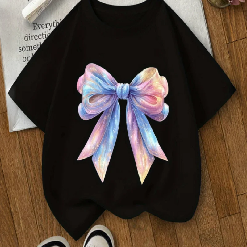 Boys Girls Glitter Rainbow Gradient Bow Print T‑Shirt Short Sleeve O‑Neck Casual Loose Kids Cute Fashion Daily Tees Tops