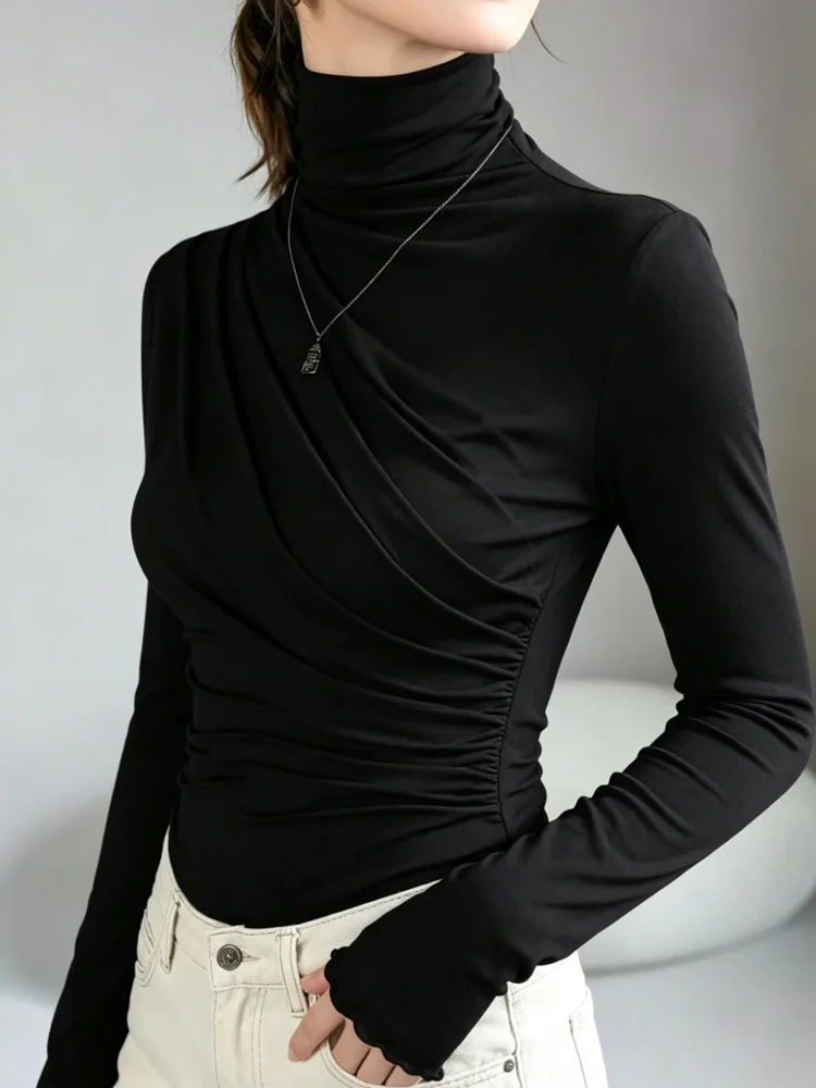 Autumn Women Turtleneck Long Sleeve Top Elegant Diagonal Ruched Slim Fit Blouse Solid Color Pleated Basic Shirt Fashion Casual