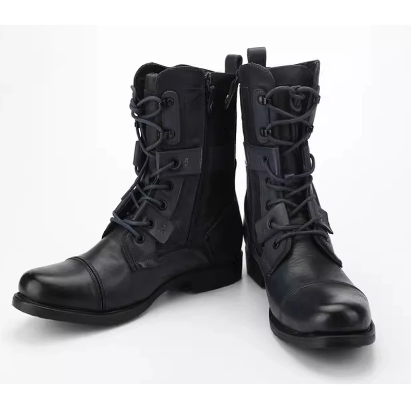 Men's Round Toe Side Zipper Lace-Up Tactical Combat Boots 2026 Black Front Tie Military Boots Outdoor Work Boots for Men