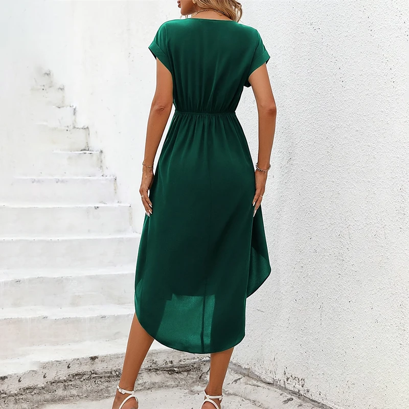 Feminino decote em v arco em camadas plissado vestido 2024 verão vintage manga curta em camadas a linha balanço midi vestido robe sexy verde sunderss