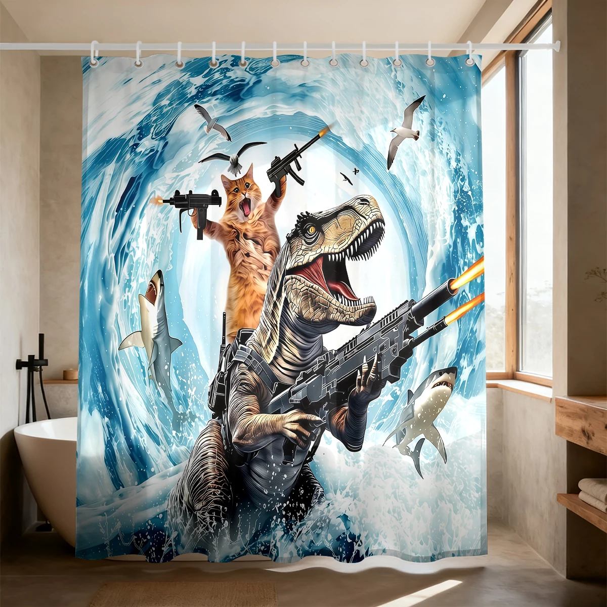 Waterproof Shower Curtain Funny Dinosaur Riding Wave Surfing Ocean Humor Animal Bathroom Decor Fabric Bath Curtain