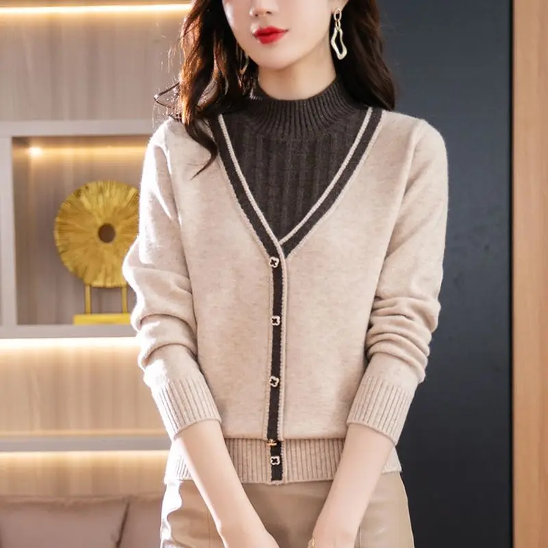 Korean Fashion Fake Two Piece Women Color Block Sweaters Spring Autumn Mock Neck Simple Loose Knitted Long Sleeve Pullovers Top