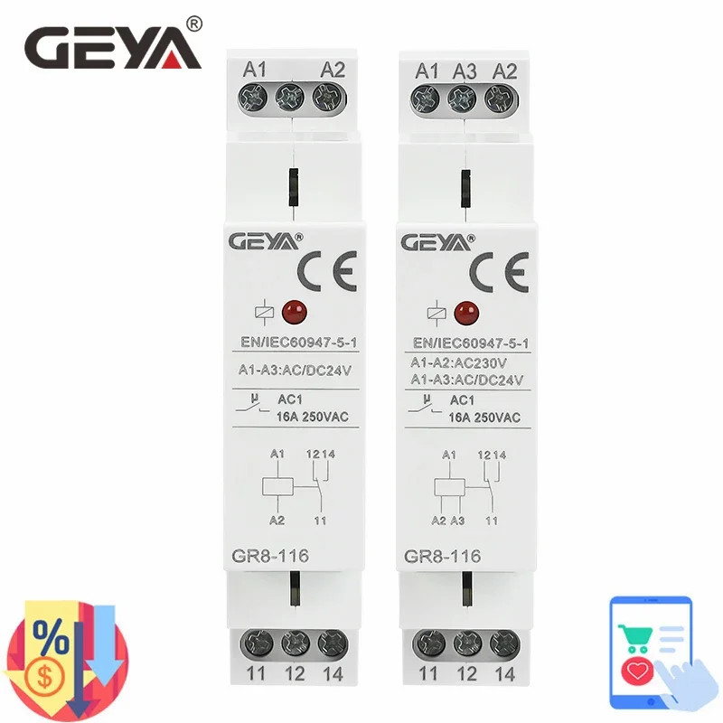 GEYA GR8-116 Przekaźnik pośredni Przekaźnik pomocniczy AC DC 12V 24V 48V 110V 230V Przekaźnik przełączający 16A Zatwierdzenie ROHS