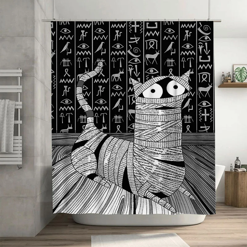 

Black And White Cat Mummy Shower Curtain Egyptian Hieroglyphs Print Fabric Waterproof Bath Decor Home Accessory