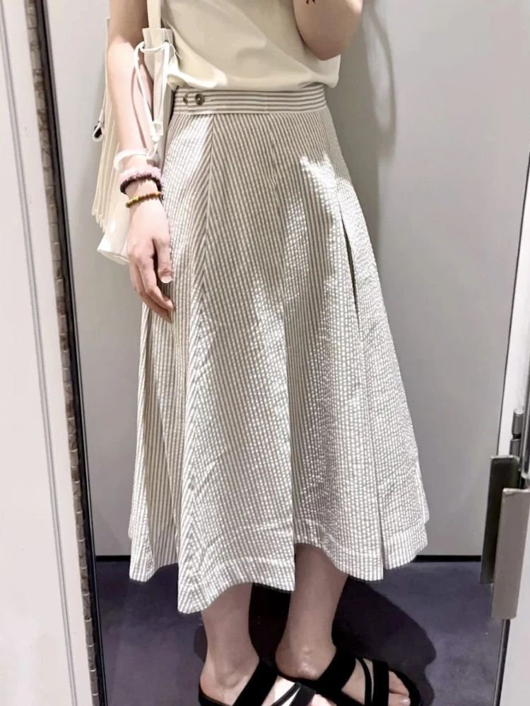 Jupe mi-longue trapèze rayée Vintage pour femmes, avec poche, taille haute, détail de boutons, jupe d'été pour le travail et l'usage quotidien
